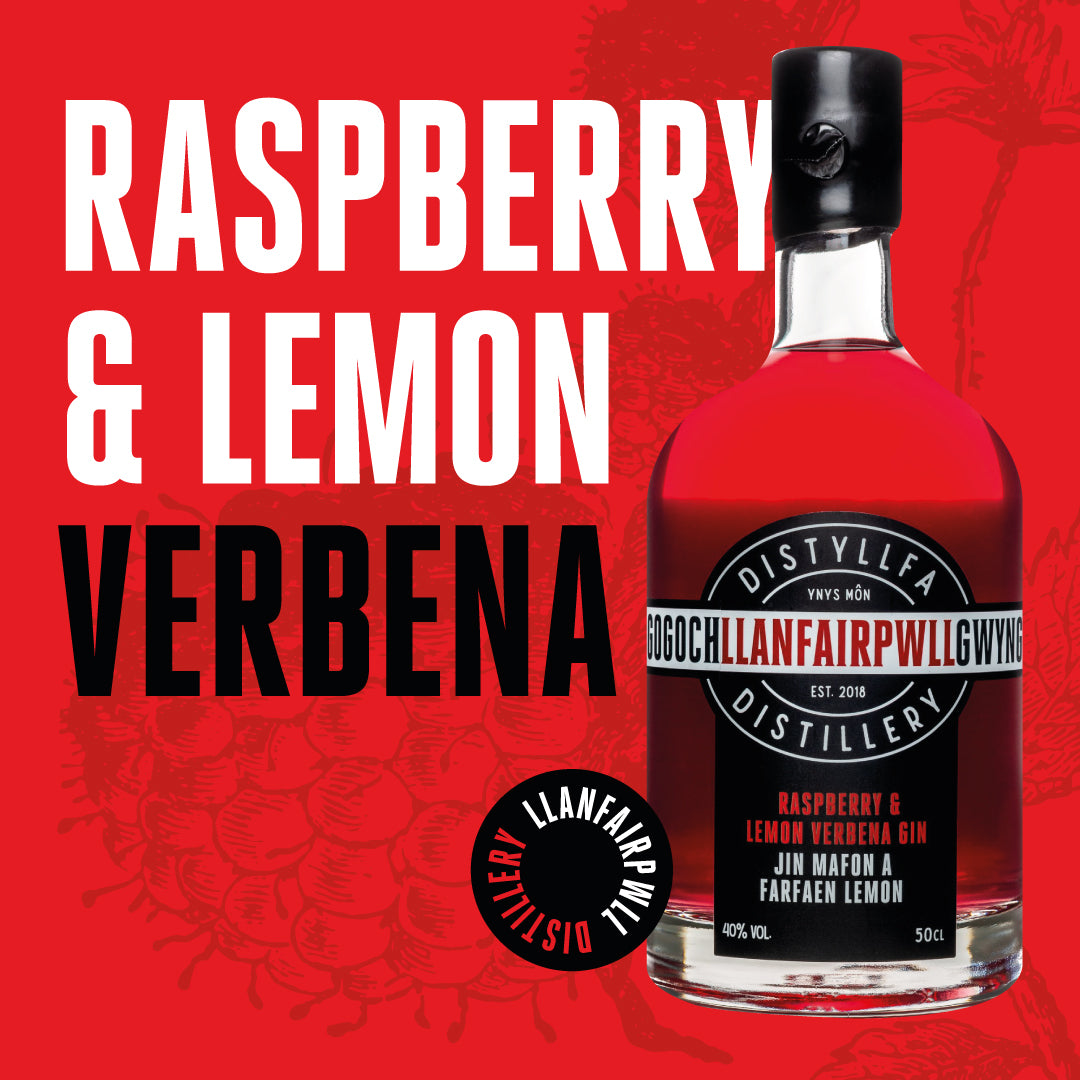 Raspberry & Lemon Verbena Gin bottle – Welsh craft gin from Anglesey with juicy raspberry and fresh citrus botanicals