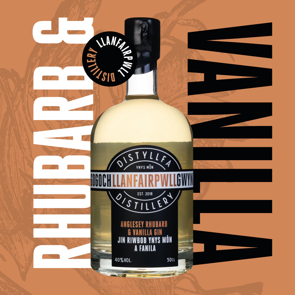 Anglesey Rhubarb & Vanilla Gin bottle – Welsh craft gin from Anglesey infused with rhubarb and vanilla