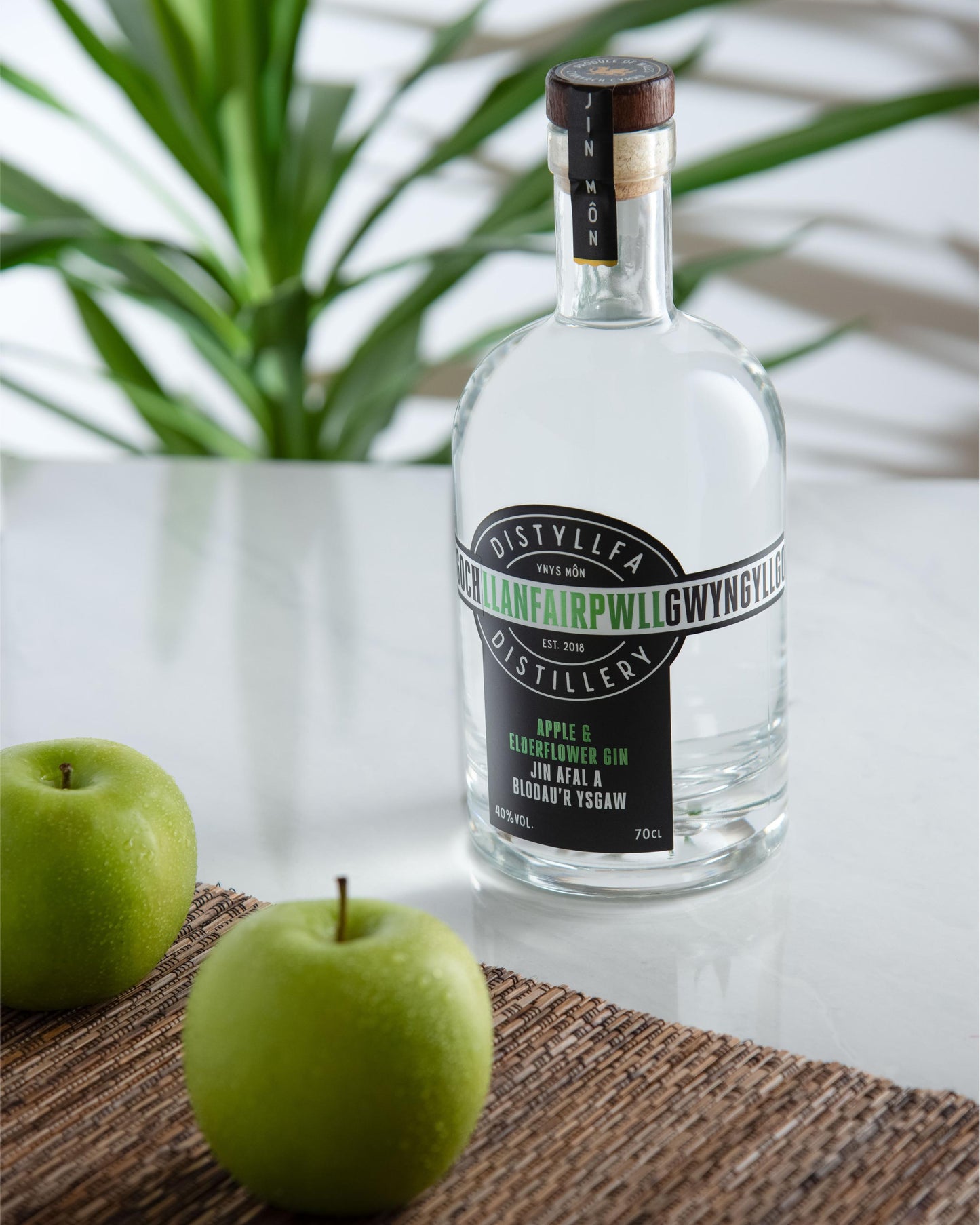 Apple & Elderflower Gin bottle on a table with two fresh apples– Welsh craft gin from Anglesey made with Trwyn Mochyn Môn heritage apples